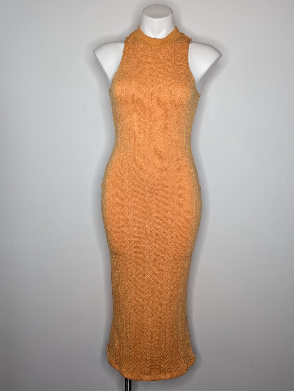 Salty Orange Ribbed Knit Bodycon Midi Dress M